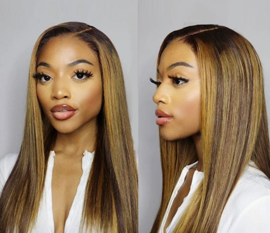 Layla - Highlights Mix Honey Brown Glueless T Part Simple Lace Wig